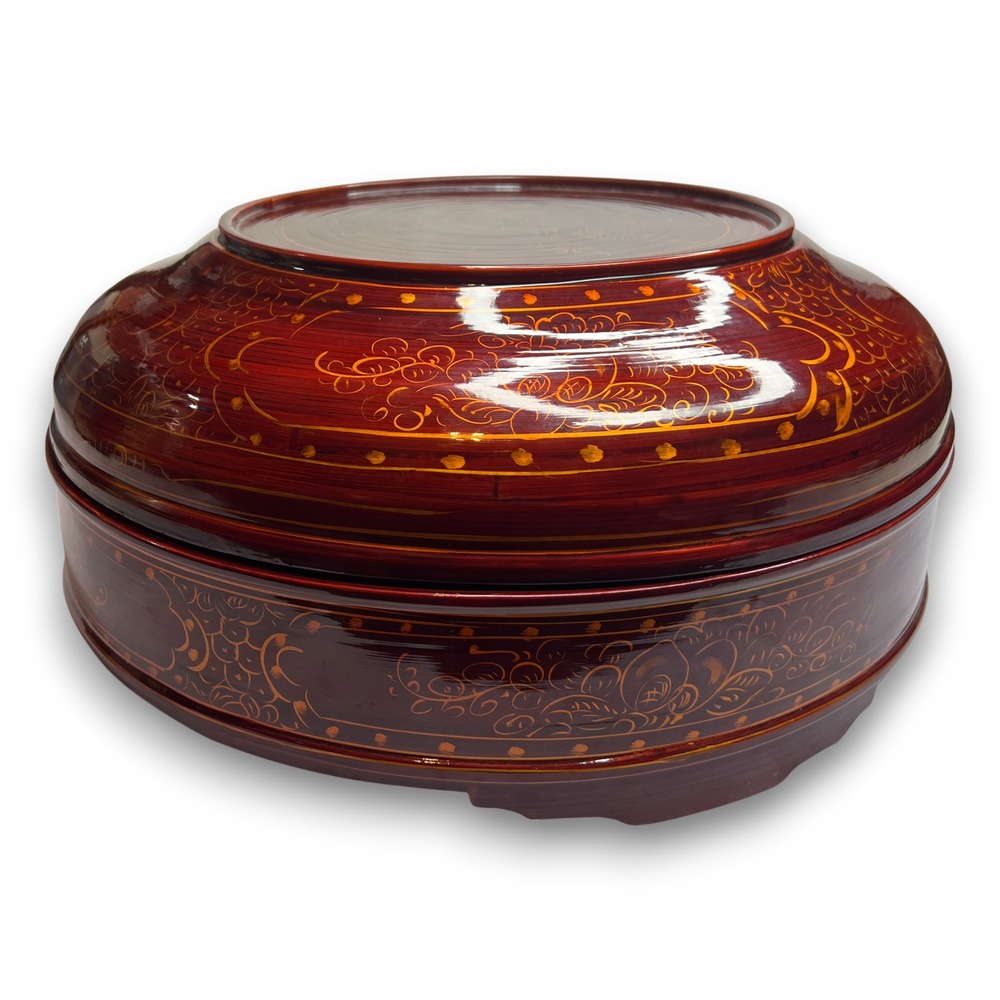 World Market Red Gold Lacquer Round Box Container Lid MCM Boho Hand Painted